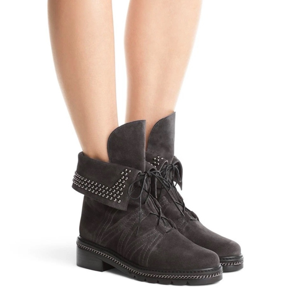 Stuart Weitzman Yadastud Gray Fold Down Studded Combat Boots Women's 10M